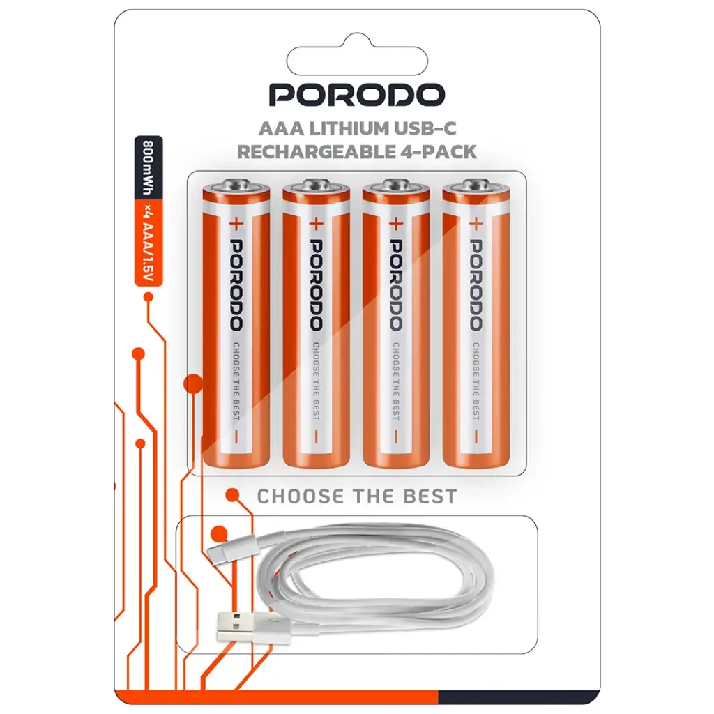 Porodo AAA Lithium USB-C Rechargeable 4-Pack - White/Orange