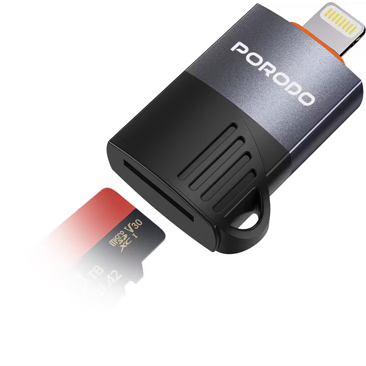 Porodo Lightning | OTG TF Card Reader-Black - وصلة لايتنينج ( ابفون ) - لنقل البيانات - من الميموري كارد - بورودو