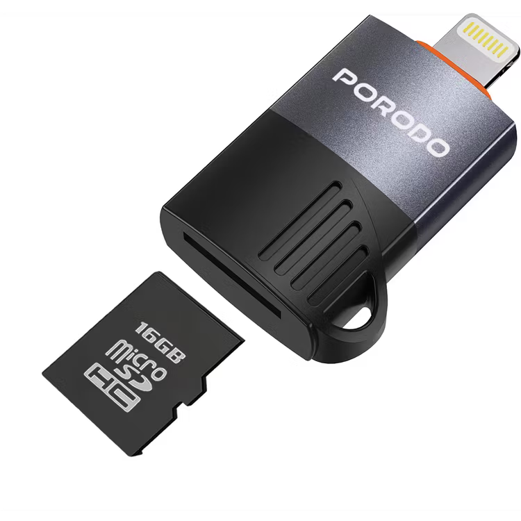 Porodo Lightning | OTG TF Card Reader-Black - وصلة لايتنينج ( ابفون ) - لنقل البيانات - من الميموري كارد - بورودو