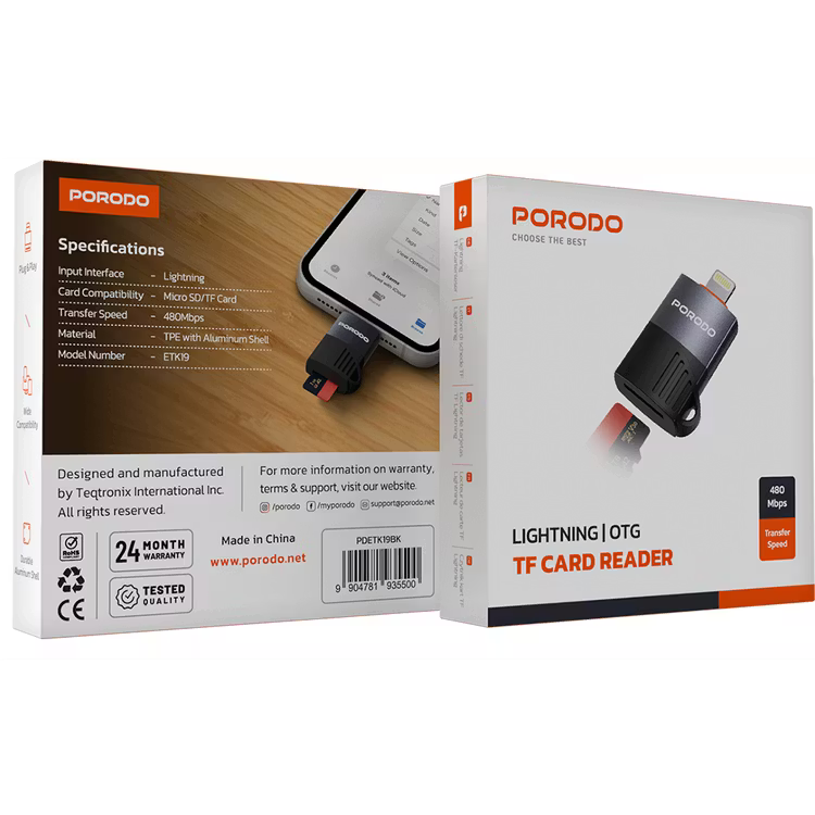 Porodo Lightning | OTG TF Card Reader-Black - وصلة لايتنينج ( ابفون ) - لنقل البيانات - من الميموري كارد - بورودو