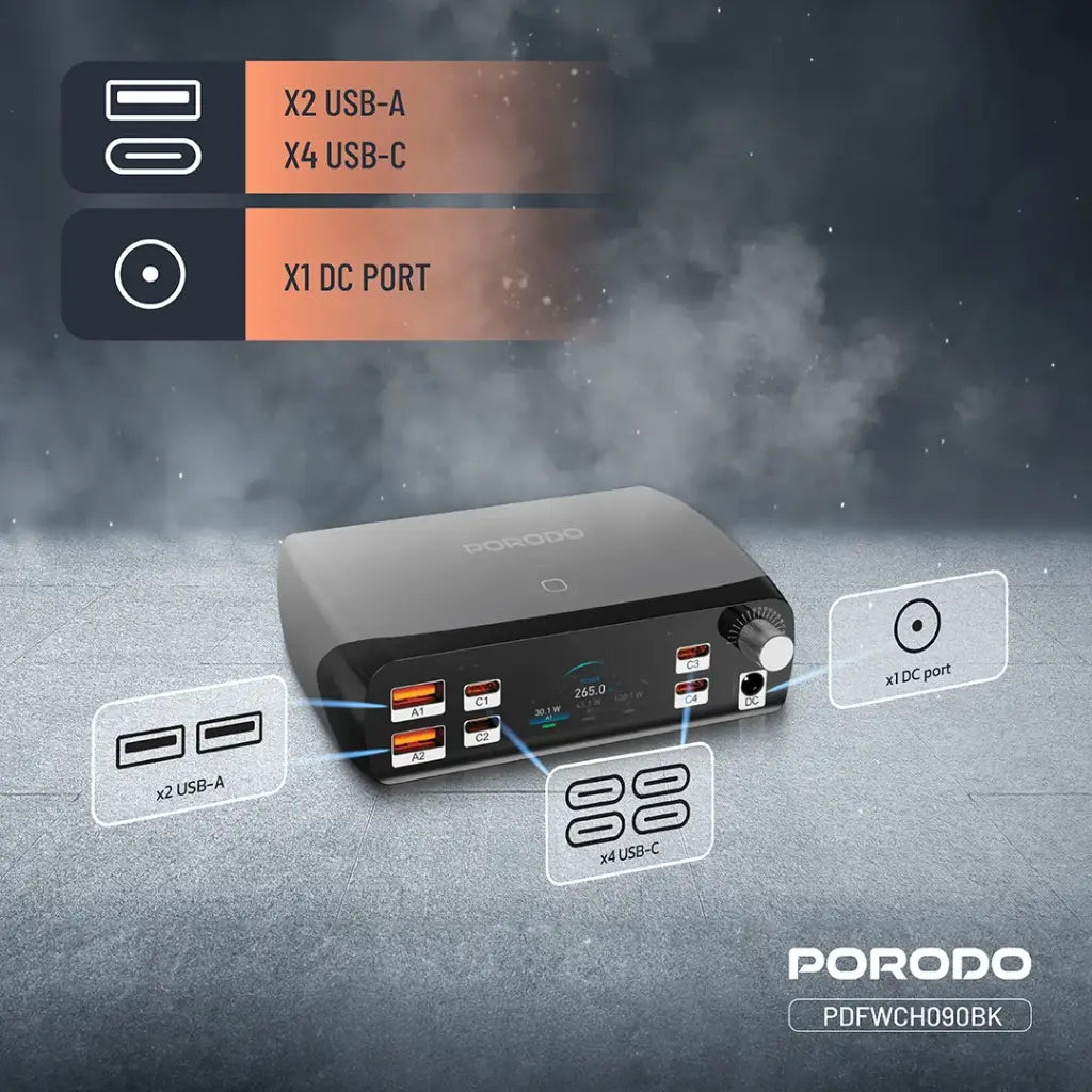 Porodo PowerGate Smart Charging Station [O] - موزع شحن - 6 منافذ للشحن السريع  - قوة 250 واط - كفالة 24 شهر