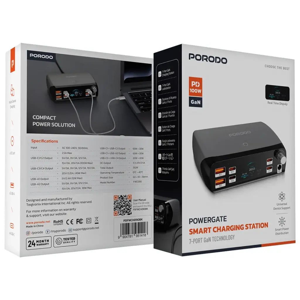 Porodo PowerGate Smart Charging Station [O] - موزع شحن - 6 منافذ للشحن السريع  - قوة 250 واط - كفالة 24 شهر