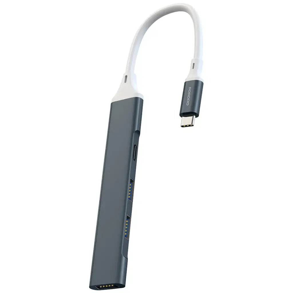 Porodo Aluminum Multi-Port USB-C Hub with 5Gbps Data Transfer - Gray [O] - وصلة تايب سي - لنقل البيانات - لاجهزة الايباد برو والماك بوك والايفون - متعددة الاستخدام - كفالة 24 شهر