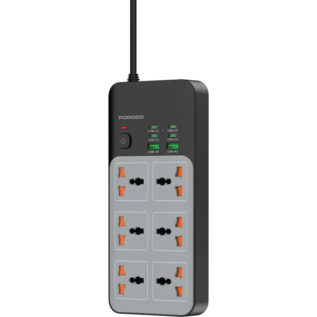 Porodo 3000W | 7AC Universal Power Strip with 6 USB Ports (4C + 2A) [O] - موزع شاحن حائط - 7 فتحات للكهرباء - 2 فتحات يو اس بي - 4 فتحة تايب سي - طول 3 متر - 10 في 1 - كفالة 12 شهر