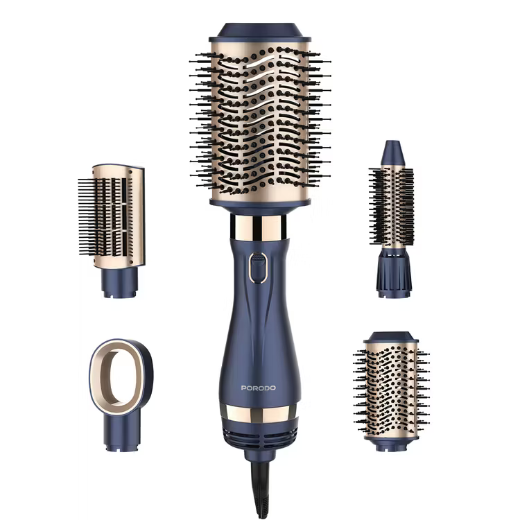 Porodo 5-In-1 Hot Air Brush Styling Set with Straightening & Curling Tool - Blue & Gold [O] - جهاز استشوار ومصفف الشعر من بورودو - 5 في 1 - كفالة 24 شهر