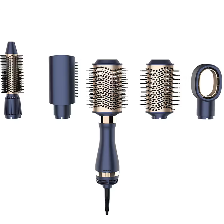 Porodo 5-In-1 Hot Air Brush Styling Set with Straightening & Curling Tool - Blue & Gold [O] - جهاز استشوار ومصفف الشعر من بورودو - 5 في 1 - كفالة 24 شهر