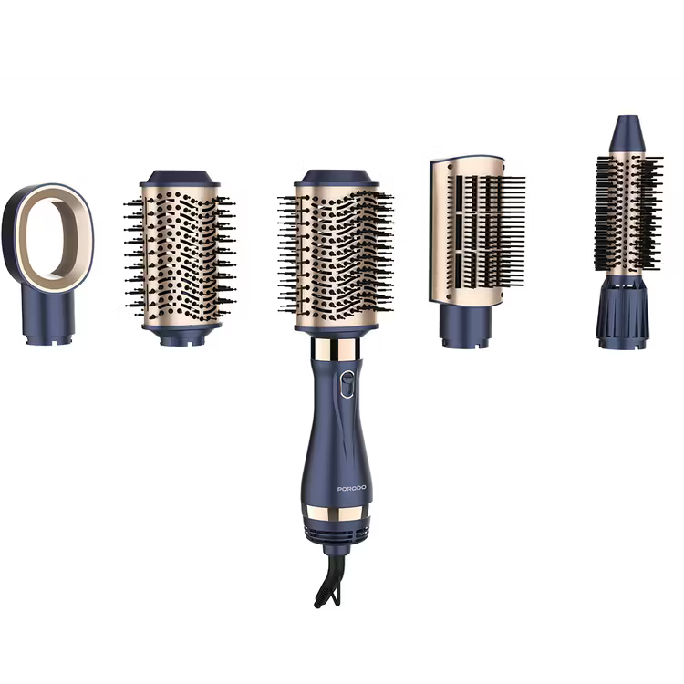 Porodo 5-In-1 Hot Air Brush Styling Set with Straightening & Curling Tool - Blue & Gold [O] - جهاز استشوار ومصفف الشعر من بورودو - 5 في 1 - كفالة 24 شهر