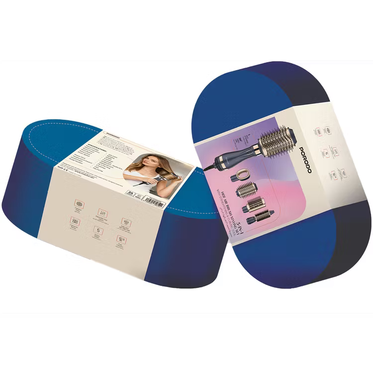 Porodo 5-In-1 Hot Air Brush Styling Set with Straightening & Curling Tool - Blue & Gold [O] - جهاز استشوار ومصفف الشعر من بورودو - 5 في 1 - كفالة 24 شهر