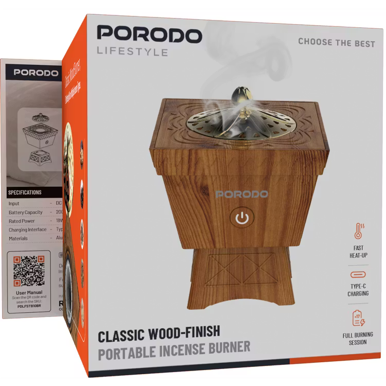 Porodo Lifestyle Classic Wood-Finish Portable Incense Burner [O] - مبخر الكتروني - شحن
