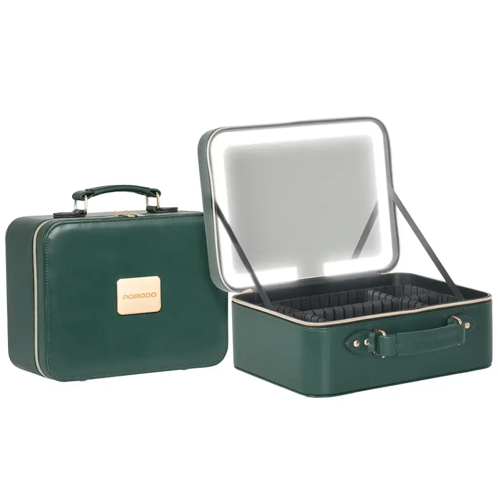 Porodo Lifestyle Travel Makeup Bag with Detachable LED Mirror - Green [O] - حافظة مكياج السفر من  مع مرآة قابلة للفصل - كفالة 24 شهر