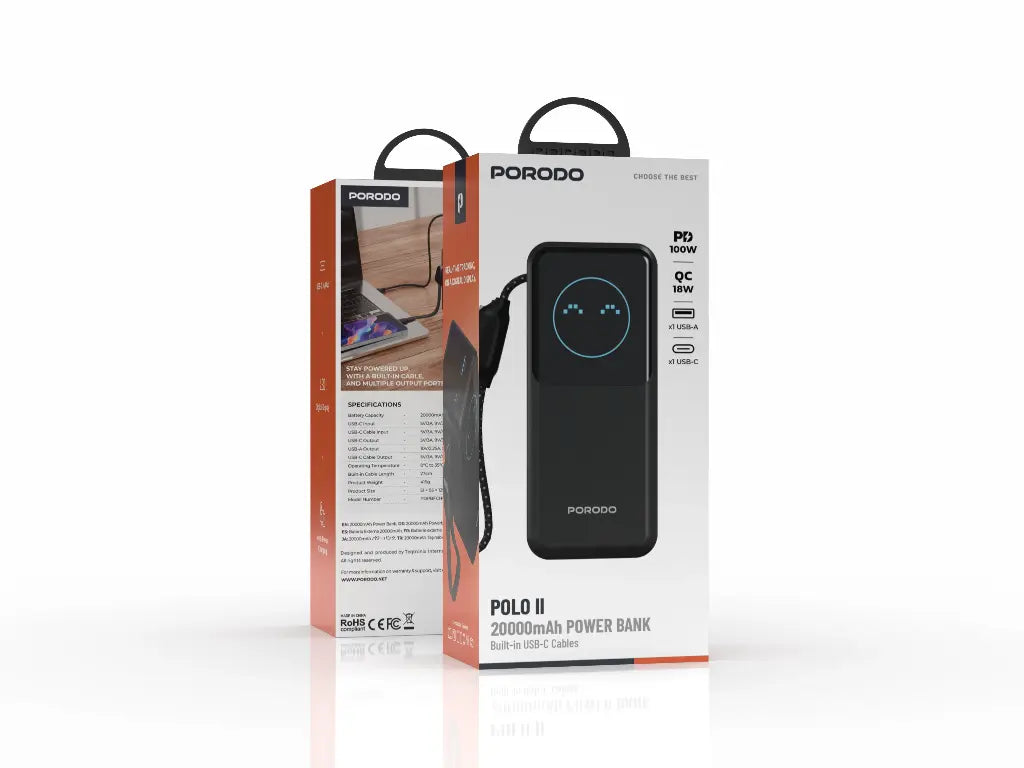 Porodo POLO II 20000mAh POWER BANK Built-in USB-C Cables - Black [O] - بطارية متنقلة - بورودو - سعة 20000 ملي أمبير - كيبل تايب سي مدمج - منفذ تايب سي - منفذ يو اس بي - قوة 100 واط - كفالة 12 شهر