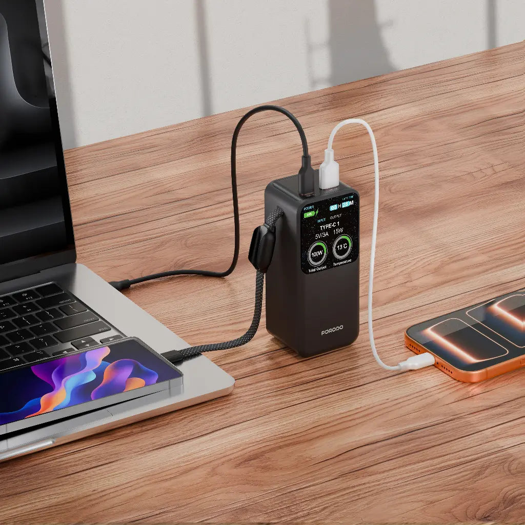 Porodo POLO II 20000mAh POWER BANK Built-in USB-C Cables - Black [O] - بطارية متنقلة - بورودو - سعة 20000 ملي أمبير - كيبل تايب سي مدمج - منفذ تايب سي - منفذ يو اس بي - قوة 100 واط - كفالة 12 شهر