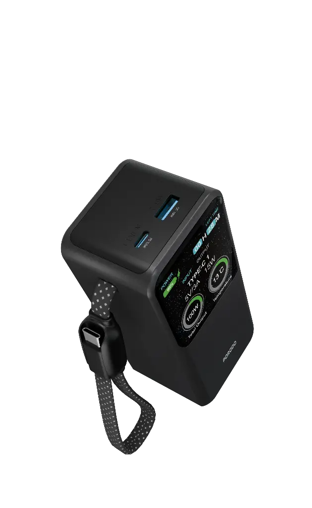 Porodo POLO II 20000mAh POWER BANK Built-in USB-C Cables - Black [O] - بطارية متنقلة - بورودو - سعة 20000 ملي أمبير - كيبل تايب سي مدمج - منفذ تايب سي - منفذ يو اس بي - قوة 100 واط - كفالة 12 شهر
