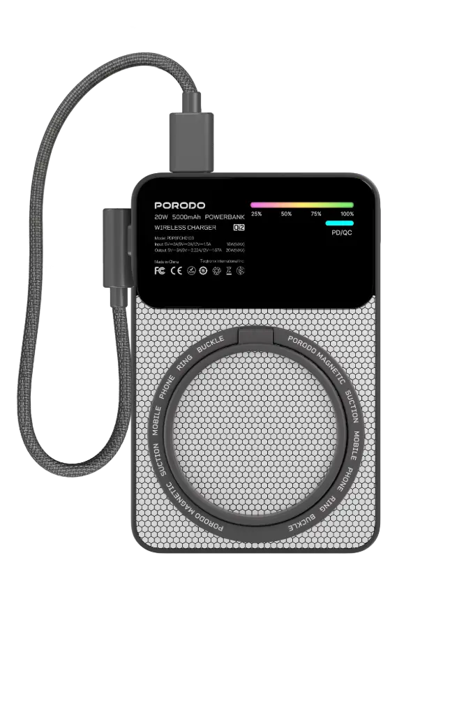 Porodo Yas 5000mAh Power Bank Magsafe Charging- Gray [O] - بطارية متنقلة ماغ سيف نحيفة + ستاند + سلك شحن تايب سي + 1 منفذ تايب سي - سعة 5000 ملي أمبير - كفالة 12 شهر
