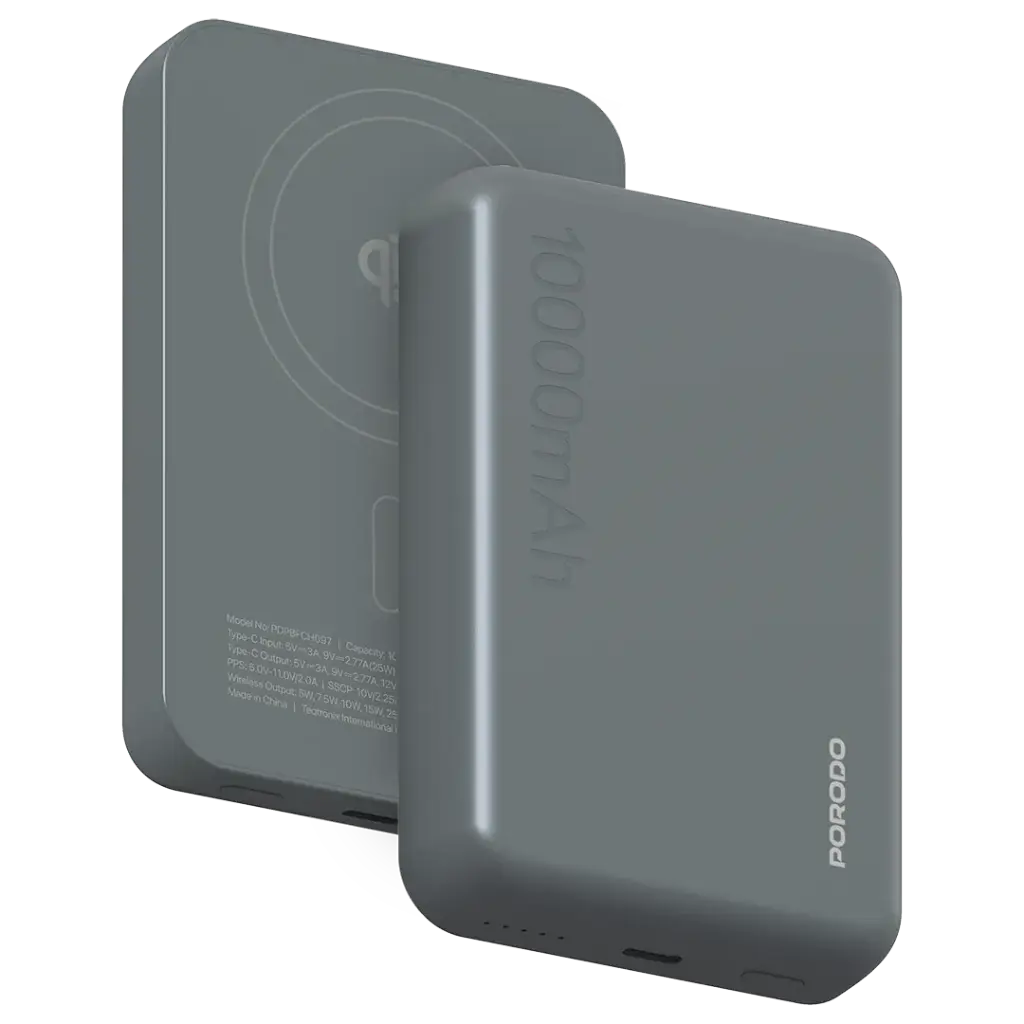 Porodo Vingt-Cinq 10000mAh MagSafe Power Bank - Grey [O] - بطارية متنقلة ماغ سيف + 1 منفذ تايب سي -شحن لاسلكي بقوة 25 واط - سعة 10000 ملي أمبير - كفالة 12 شهر