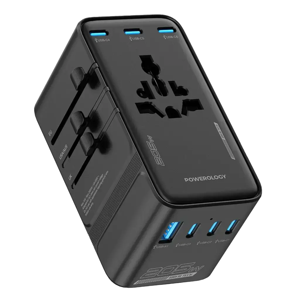 Powerology Spetrova GaN Multi-Port Universal Adapter PD 140W [O] - بلاك حائط شحن دولي - 7 فتحات للشحن - 6 فتحات تايب سي + 1 فتحة يو اس بي - قوة 140 واط - كفالة 24 شهر