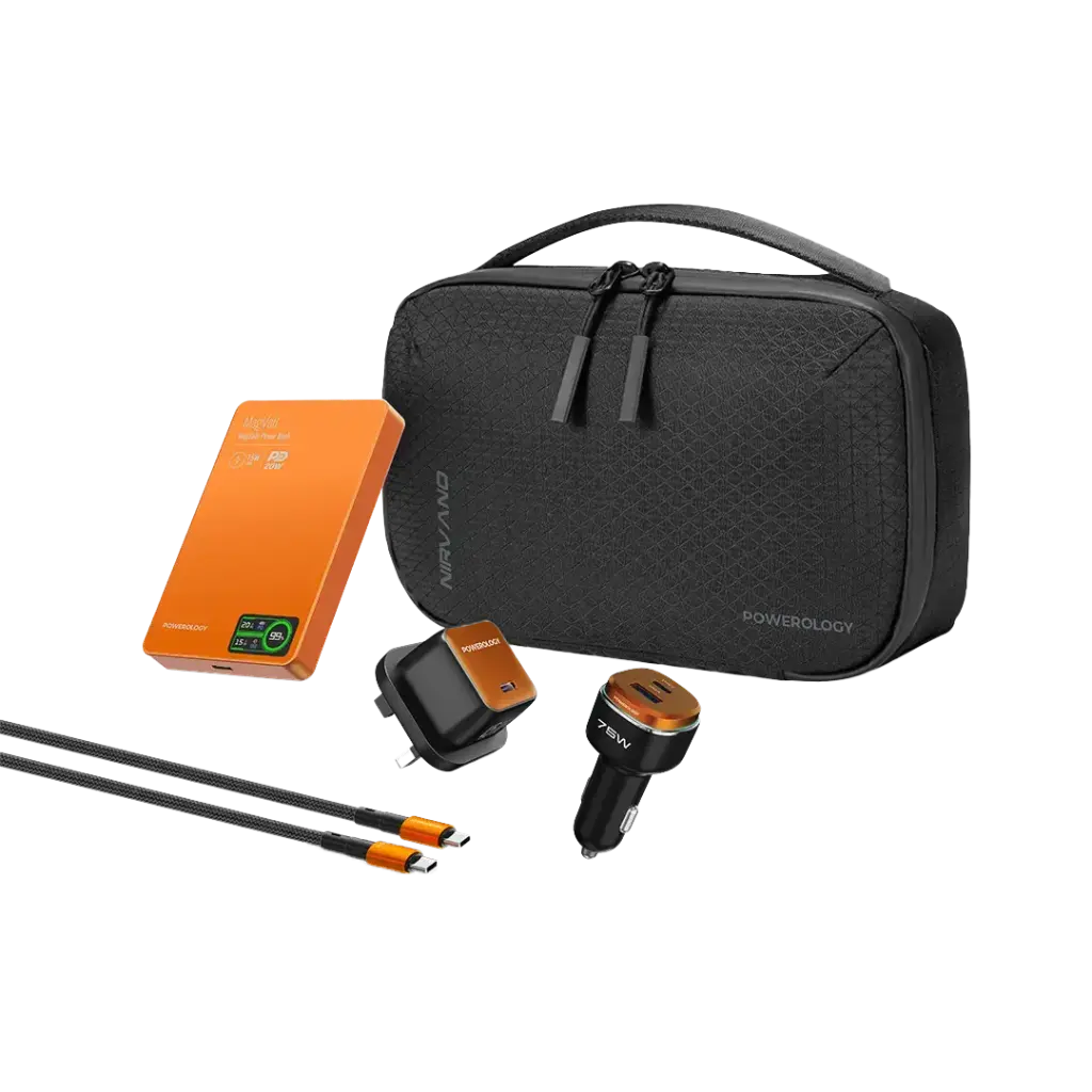 Powerology Nirvano 5-In-1 Power Travel Kit - Black/Orange - حقيبة السفر - 5 في 1 - حقيبة + بطارية متنقلة + شاحن حائط + شاحن سيارة + سلك شحن تايب سي - كفالة 12 شهر