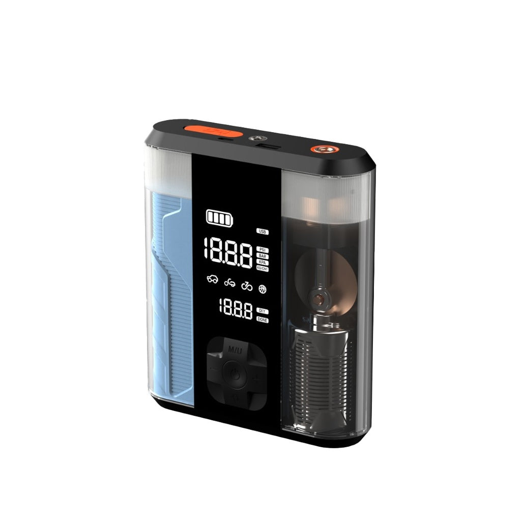 Powerology 8800mAh Jump Start Air Compressor - Transparent [O] - ضاغط هواء + محول طاقة لبطارية السيارة - 2 في 1 - باورولوجي - بطارية بسعة 8800 ميللي امبير - قوة 32.5 واط - كفالة 12 شهر