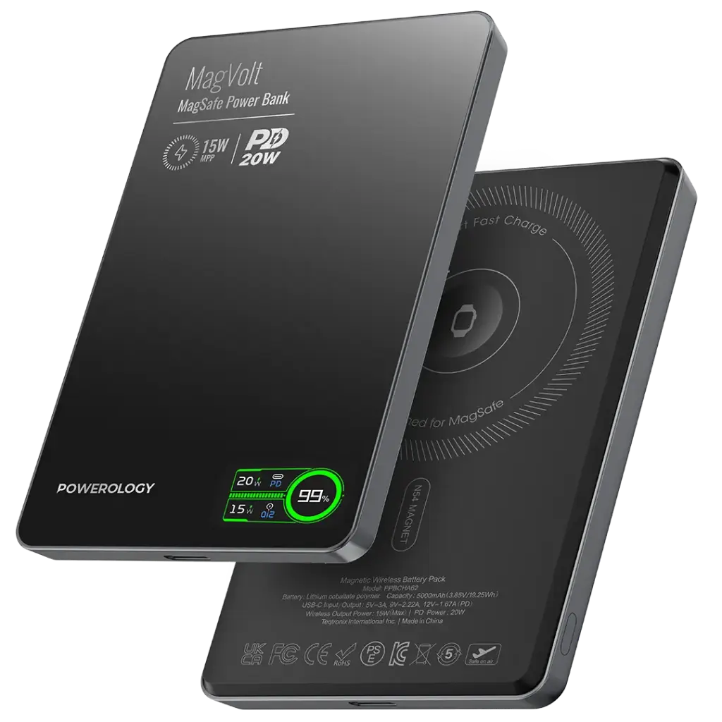 Powerology MagVolt 5000mAh Magnetic Power Bank - Black [O] - بطارية متنقلة - باورولوجي - سعة 5000 -  شحن لاسلكي ( ماغ سيف )- تدعم شحن ساعة ابل + الايربودز - شاشة رقميه - كفالة 12 شهر