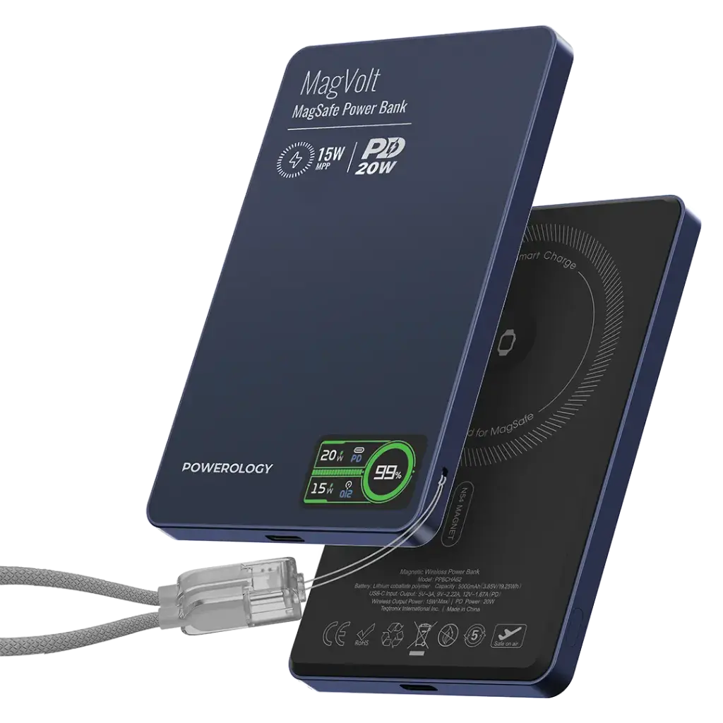 Powerology MagVolt 5000mAh Magnetic Power Bank - Blue [O]- بطارية متنقلة - باورولوجي - سعة 5000 -  شحن لاسلكي ( ماغ سيف )- تدعم شحن ساعة ابل + الايربودز - شاشة رقميه + خيط علاق - كفالة 12 شهر