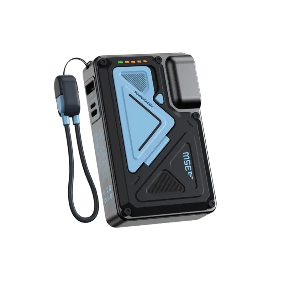Powerology 10000mAh Wall Charger Magsafe 15W Power Bank 35W with C-C cable Bank - شاحن حائط دولي -  2 في 1 - باور بانك سعة 10000 + سلك شحن تايب سي + سلك شحن لايتينيغ لاجهزة الايفون القديمة - شاشه رقمية - كفالة 24 شهر