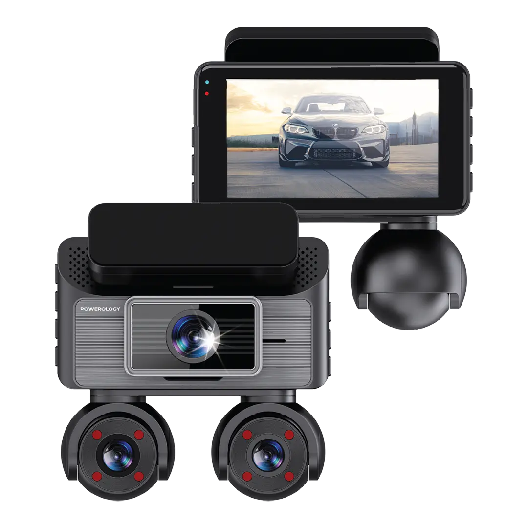 Powerology Sentra Dash Camera with 3 Lenses and Rear Camera - Black [O] - كاميرا سيارة من باورولوجي بجودة 2 ك -  3 في 1 - كفالة 12 شهر