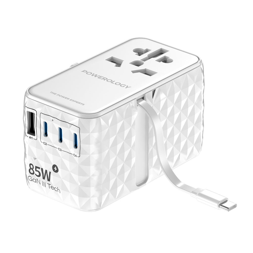 Powerology Universal GaN 85W Super Charger Retractable Type-C Cable White [O] بلاك حائط شحن دولي - 4 فتحات للشحن - 3 فتحات تايب سي +1 فتحة يو اس بي - قوة 85 واط  مع كيبل تايب سي - كفالة 24 شهر