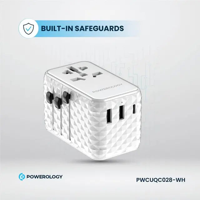 Powerology GaN 20W PD Universal Adapter Retractable Type-C Cable - White [O] - بلاك حائط شحن دولي - 3 فتحات للشحن - 1 فتحات تايب سي + 2 فتحة يو اس بي - قوة 20 واط  مع كيبل تايب سي - كفالة 24 شهر