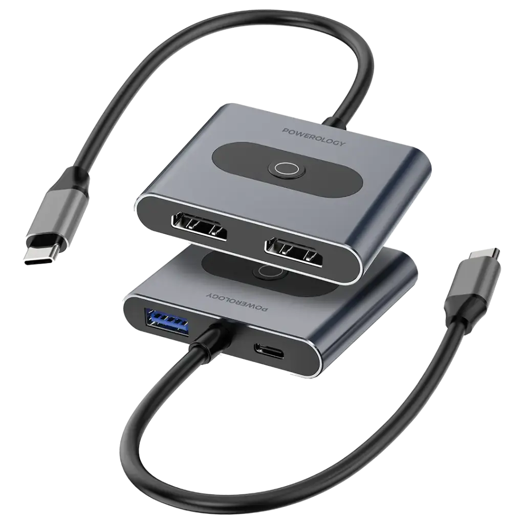 Powerology 4-In-1 USB-C Multi-Function Hub - Gray [O] - وصلة تايب سي - 4 في 1 - 2 اتش دي ام اي + يو اس بي + تايب سي