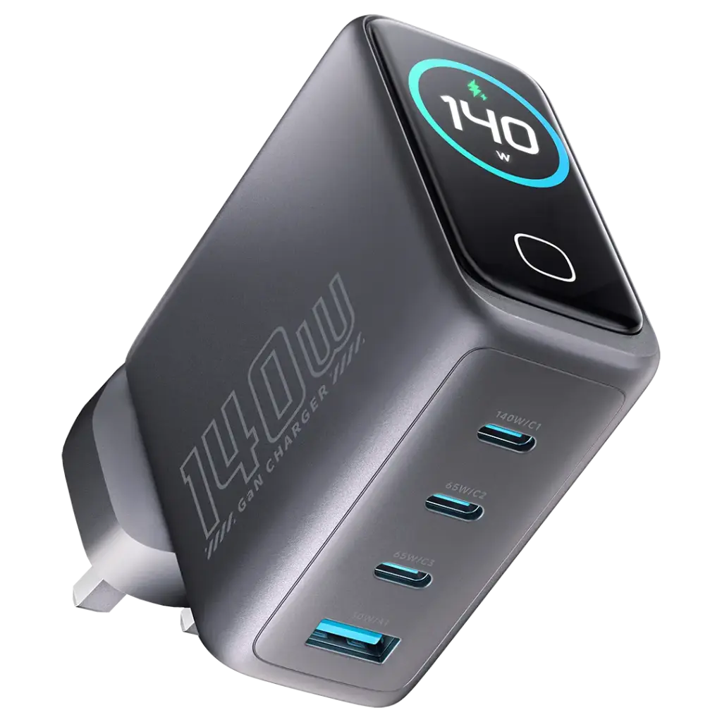 Powerology Voltflow GaN Wall Charger PD 140W - Black [O] - شاحن حائط تايب سي - 3 فتحات للشحن السريع + فتحة يو اس بي - باورولوجي - قوة 140 واط - كفالة 12 شهر