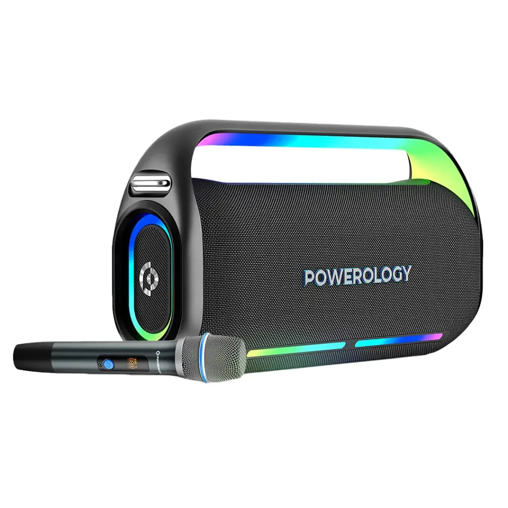 Powerology Deep Bass Party Speaker - Black [O] - سبيكر مكبر صوت + ميكروفون - باورولجي - كفالة 24 شهر