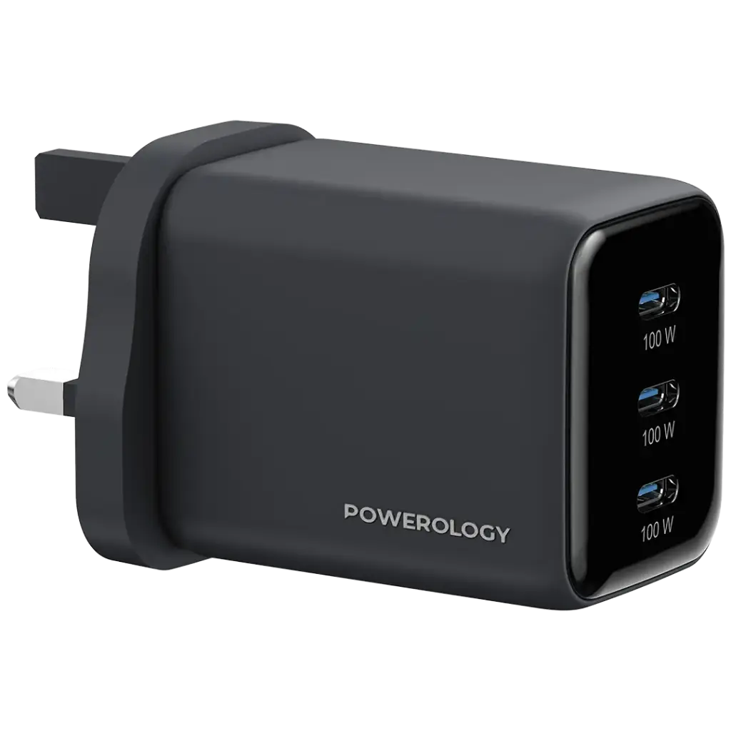 Powerology Volt-X 100W Multi-Port Gan Wall Charger [O] - شاحن حائط تايب سي - 3 فتحات للشحن السريع - باورولوجي - قوة 100 واط - كفالة 12 شهر