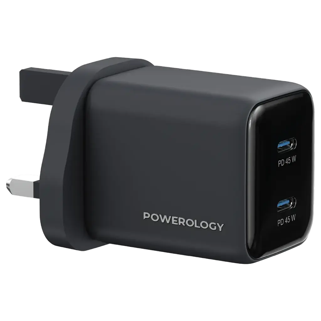 Powerology Volt-X 45W Dual-Port GaN Wall Charger Chargeur Mini GaN 45W With C to C Cable [O] - شاحن حائط تايب سي - سلك شحن تايب سي - 2 فتحتين تايب سي للشحن السريع - باورولوجي - قوة 45 واط - كفالة 12 شهر