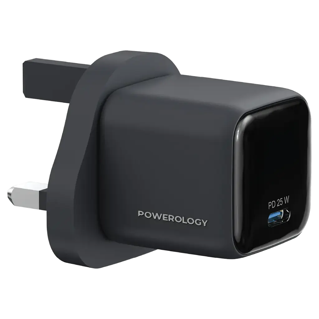 Powerology Volt-X 25W Mini Gan Wall Charger Charger Mini Gan 25W With C to Lightning Cable [O] - شاحن حائط تايب سي - سلك شحن ايفون - باورولوجي - قوة 25 واط - كفالة 12 شهر