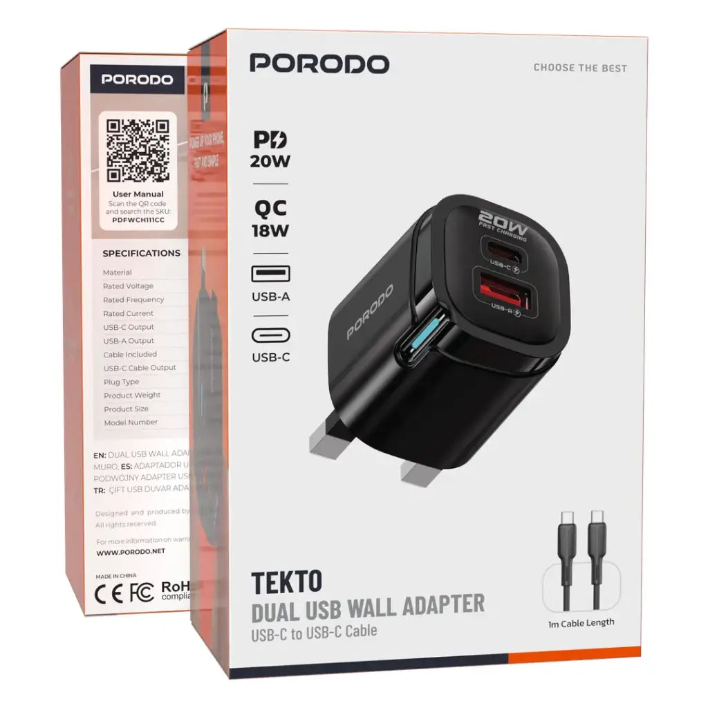 شاحن جداري لتوصيل الطاقة USB-C من بورودو مع كابل من النوع C - أسود