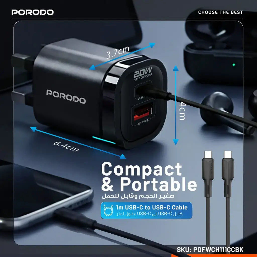 Porodo Tekto Dual USB Wall Adapter with Type-C Cable - Black