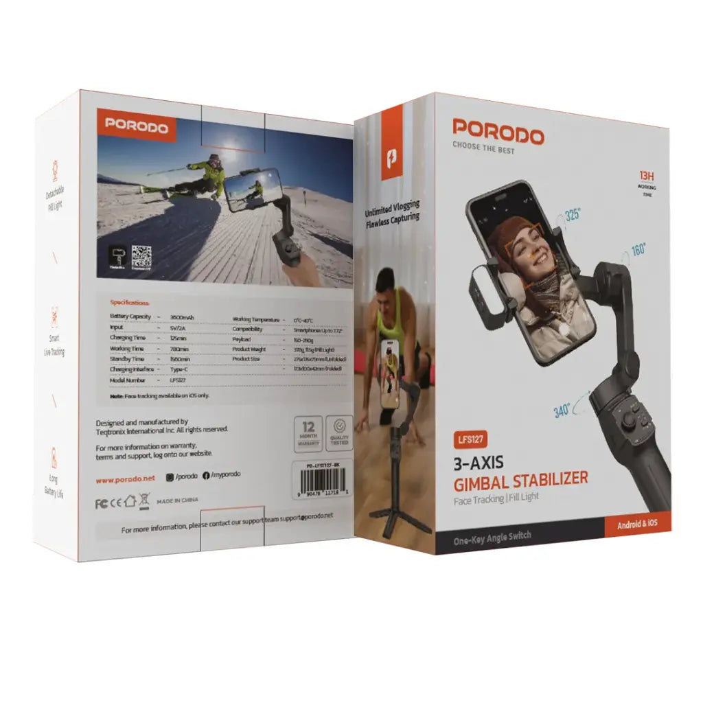 Porodo 3-Axis Gimbal Stabilizer Magnetic Fill Light - Black [O]- ستاند تصوير - عصا سيلفي - مقاوم للهتزاز - ثبات عالي