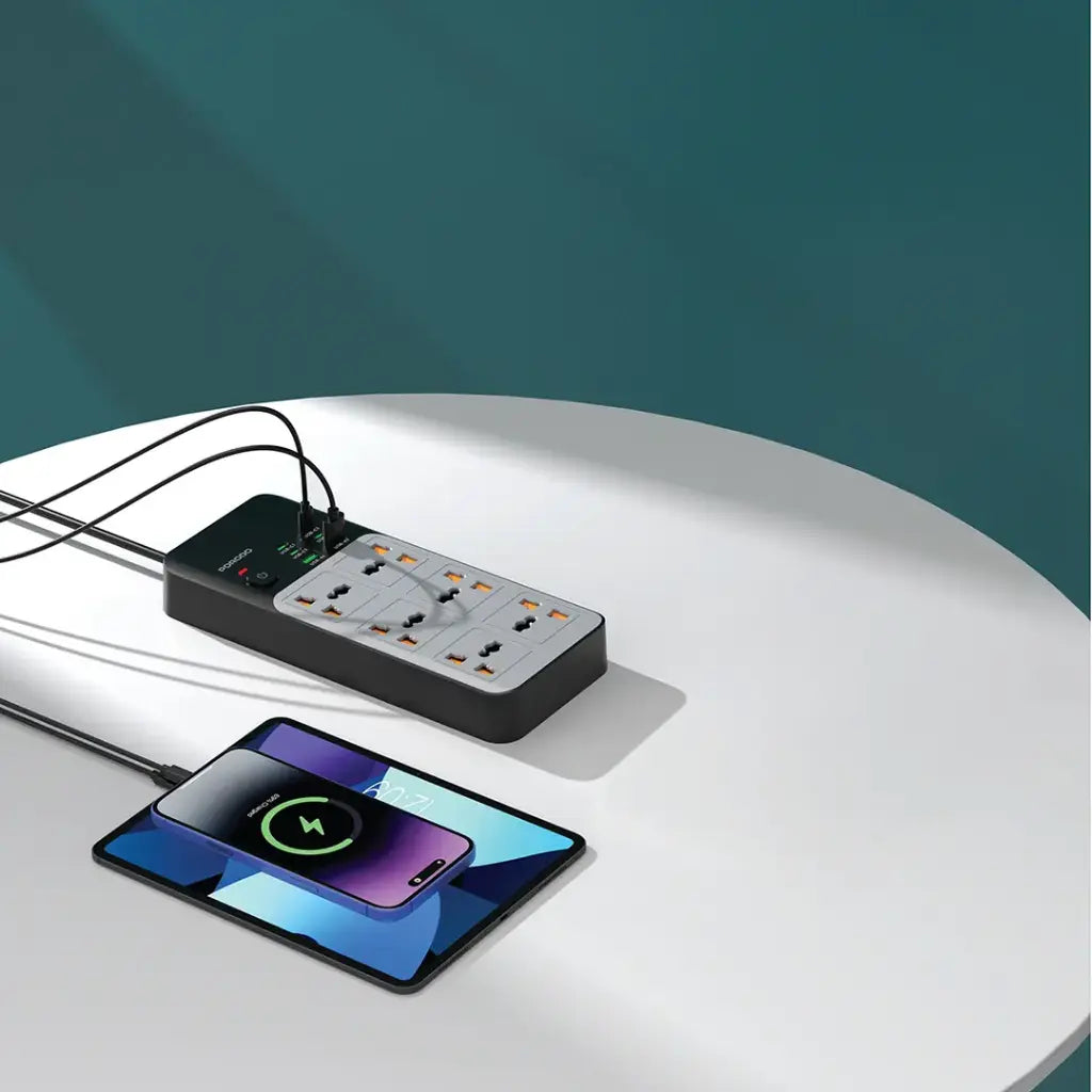Porodo 3000W | 7AC Universal Power Strip with 6 USB Ports (4C + 2A) [O] - موزع شاحن حائط - 7 فتحات للكهرباء - 2 فتحات يو اس بي - 4 فتحة تايب سي - طول 3 متر - 10 في 1 - كفالة 12 شهر