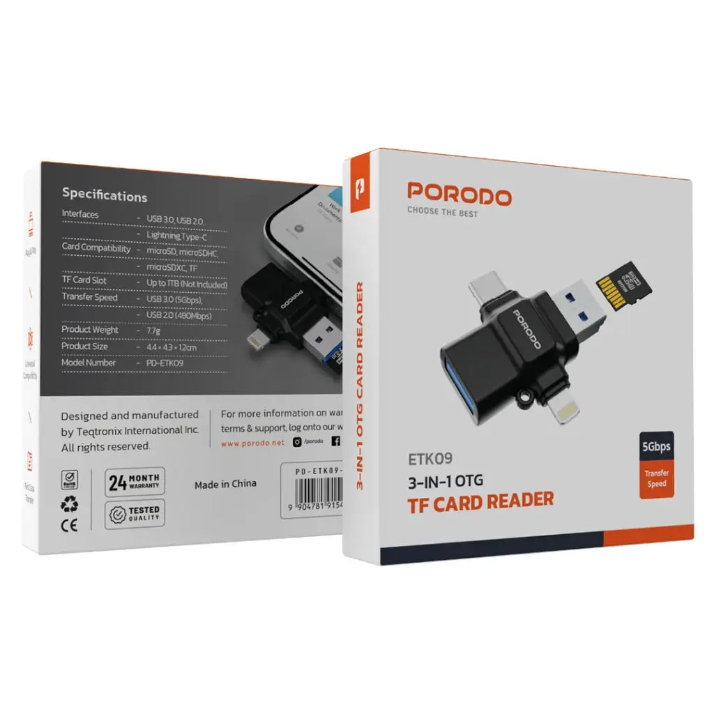 Porodo 4-in-1 OTG Adapter, TF Card Reader - Black