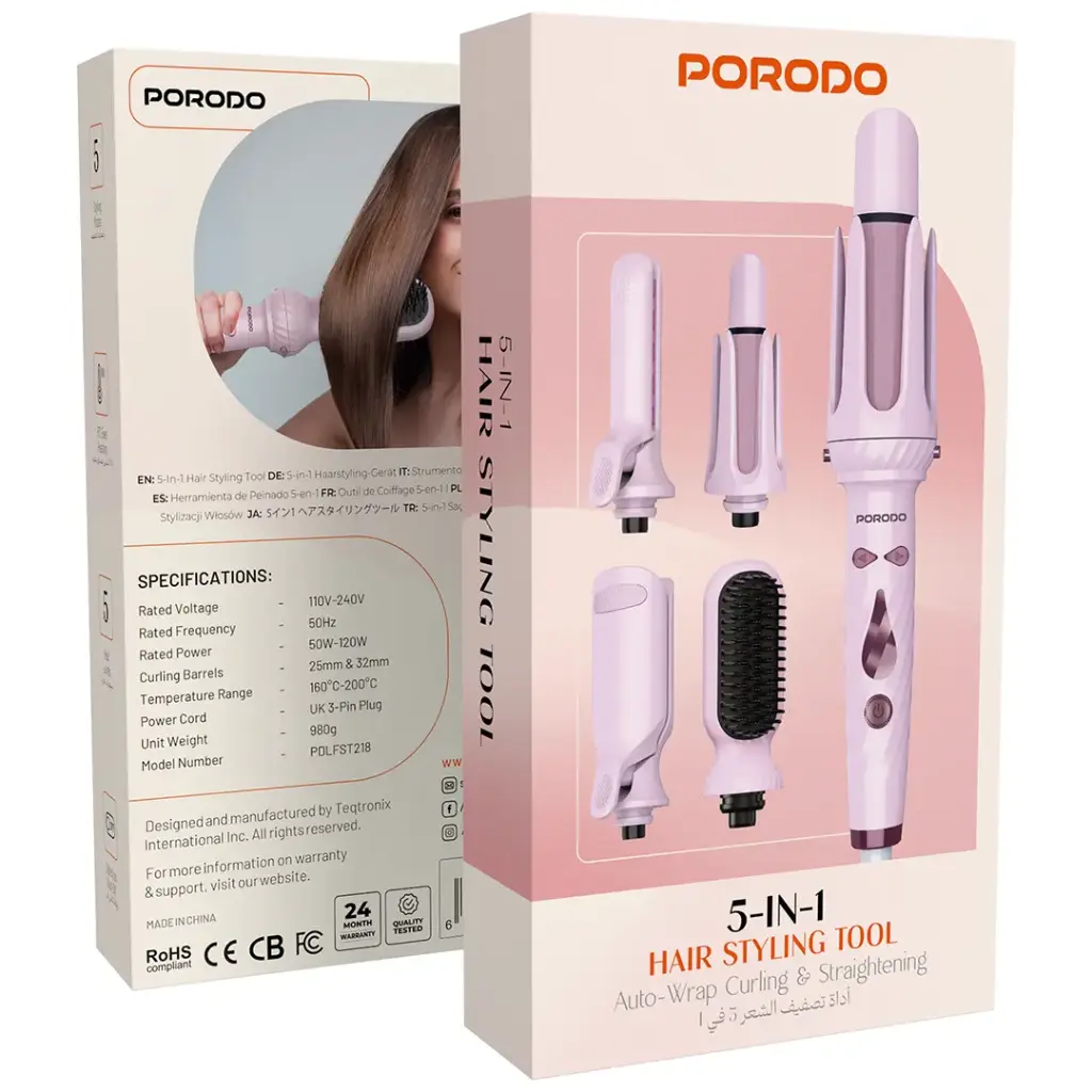 Porodo 5-In-1 Hair Styling Tool with Auto-Wrap Curling & Straightening - Pink