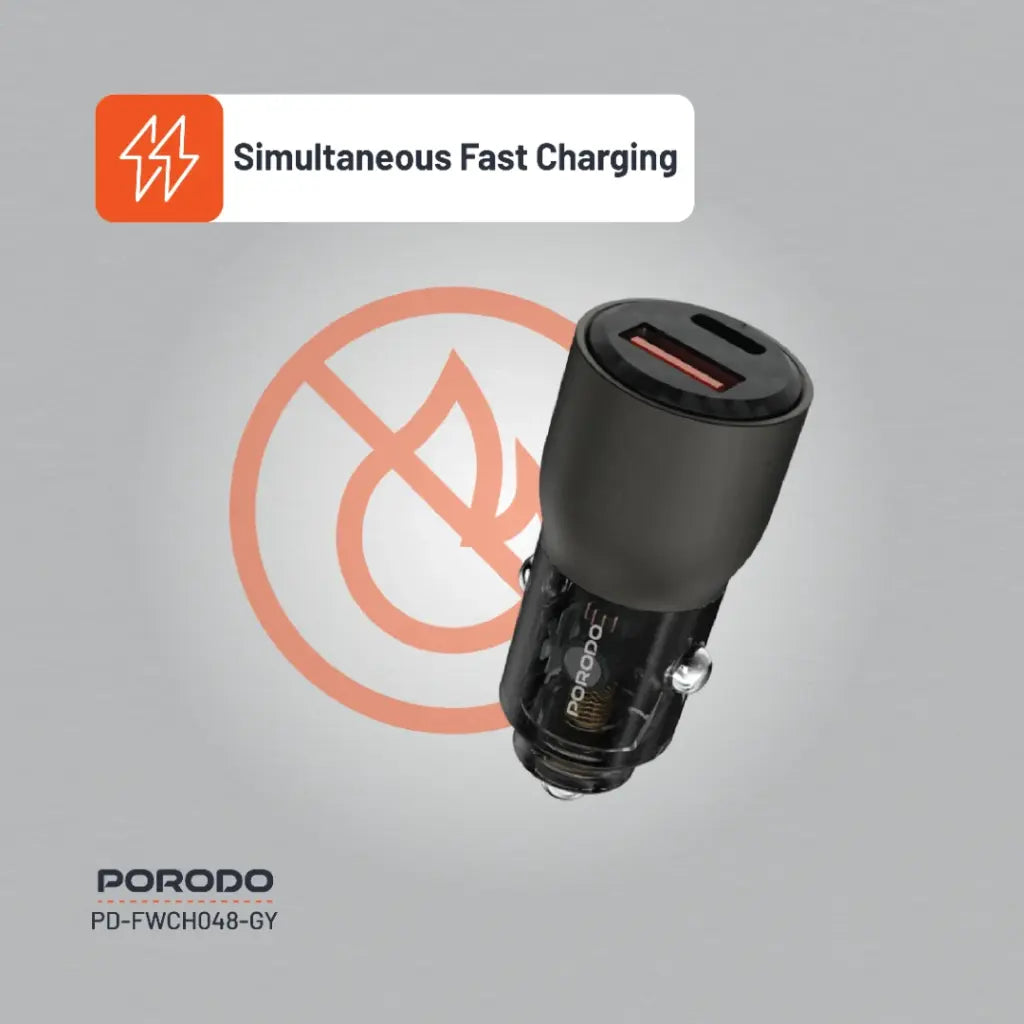 Porodo 95W Car Charger Transparent Multi-Device PD Charging [O] - شاحن ولاعة - برودو  - منفذ تايب سي  + منفذ يو اس بي - قوة 95 واط - كفالة 24 شهر