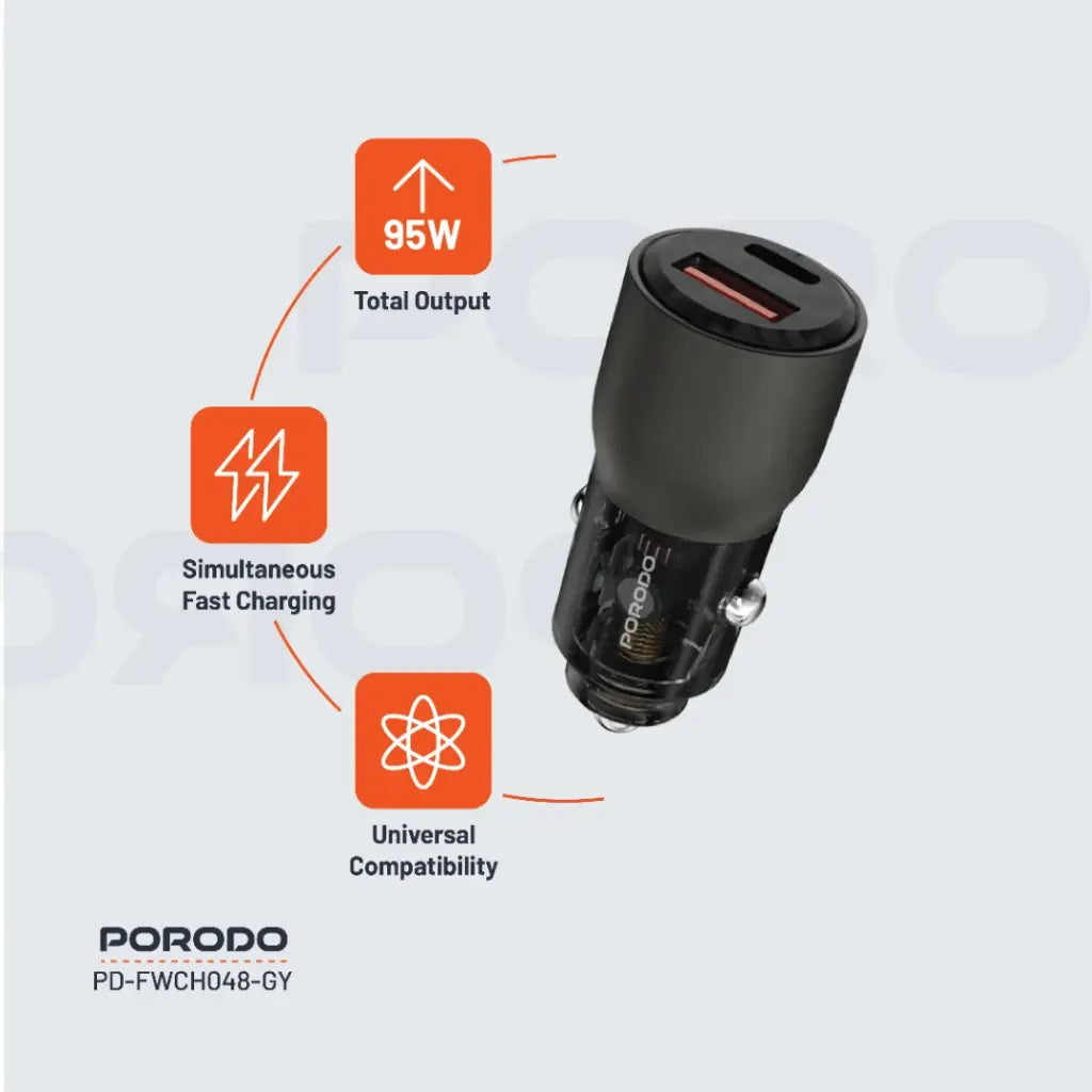 Porodo 95W Car Charger Transparent Multi-Device PD Charging [O] - شاحن ولاعة - برودو  - منفذ تايب سي  + منفذ يو اس بي - قوة 95 واط - كفالة 24 شهر