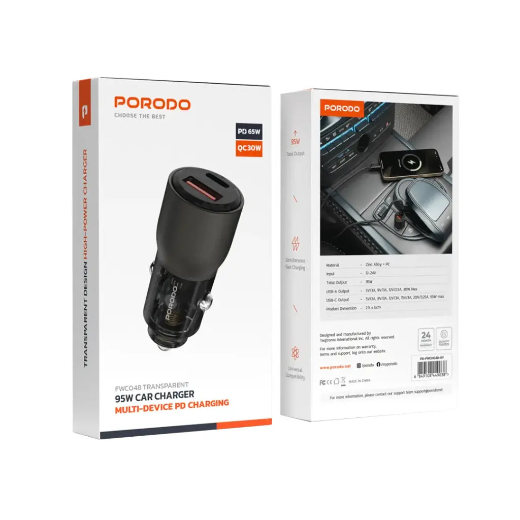 Porodo 95W Car Charger Transparent Multi-Device PD Charging [O] - شاحن ولاعة - برودو  - منفذ تايب سي  + منفذ يو اس بي - قوة 95 واط - كفالة 24 شهر