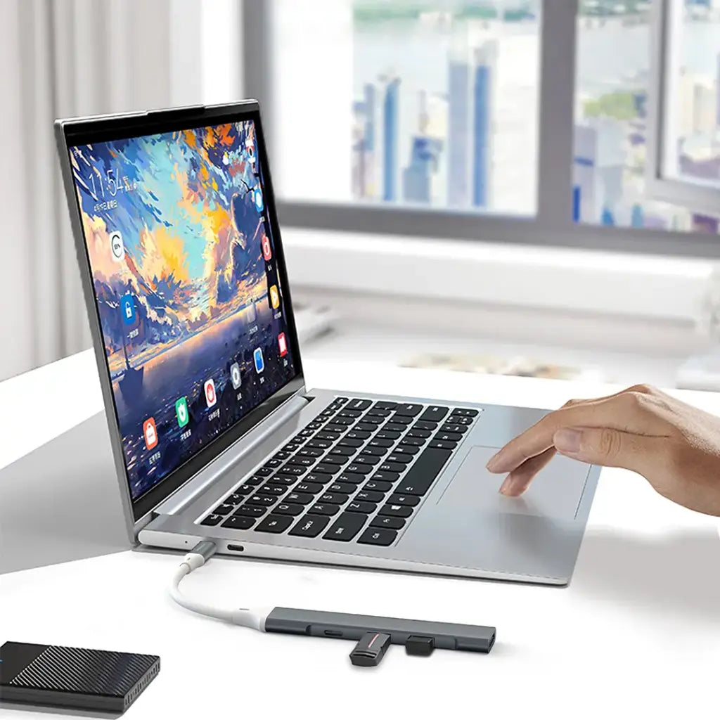 Porodo Aluminum Multi-Port USB-C Hub with 5Gbps Data Transfer - Gray [O] - وصلة تايب سي - لنقل البيانات - لاجهزة الايباد برو والماك بوك والايفون - متعددة الاستخدام - كفالة 24 شهر