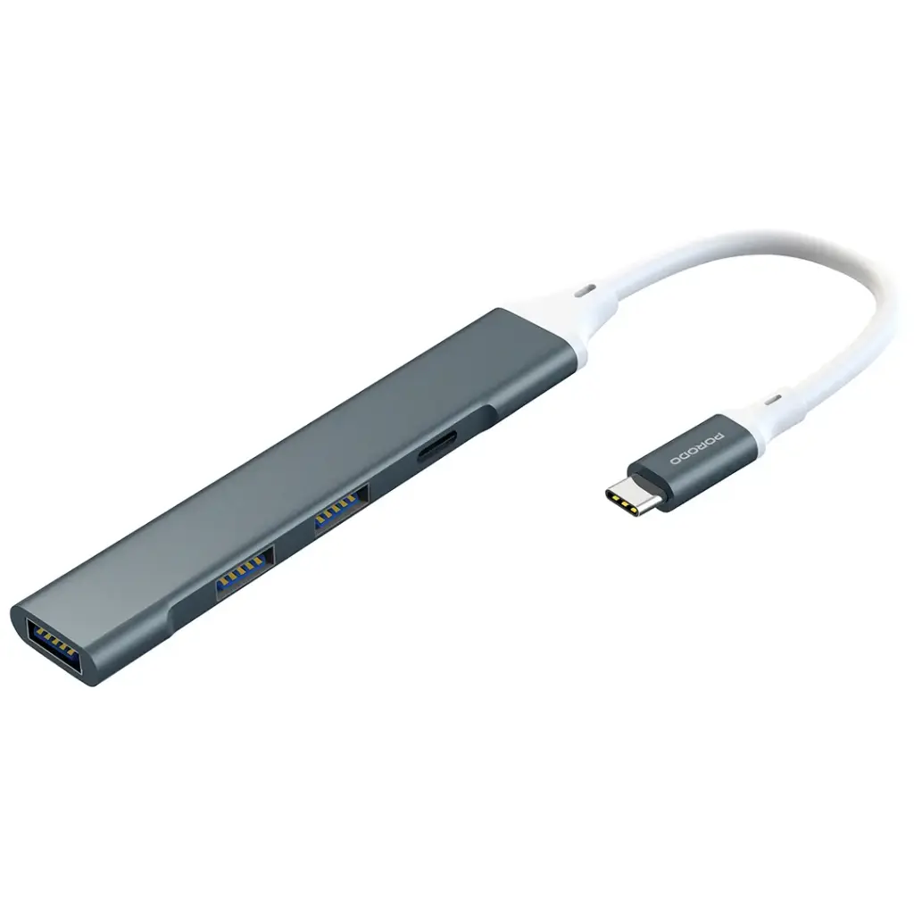 Porodo Aluminum Multi-Port USB-C Hub with 5Gbps Data Transfer - Gray [O] - وصلة تايب سي - لنقل البيانات - لاجهزة الايباد برو والماك بوك والايفون - متعددة الاستخدام - كفالة 24 شهر