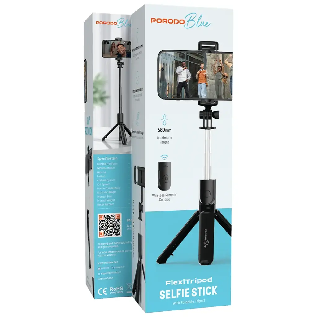 Porodo Blue FlexiTripod Selfie Stick with Foldable Tripod - Black