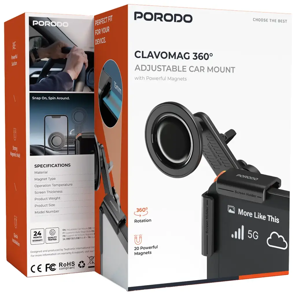 Porodo Clavomag 360° Adjustable Car Mount with Powerful Magnets - Black