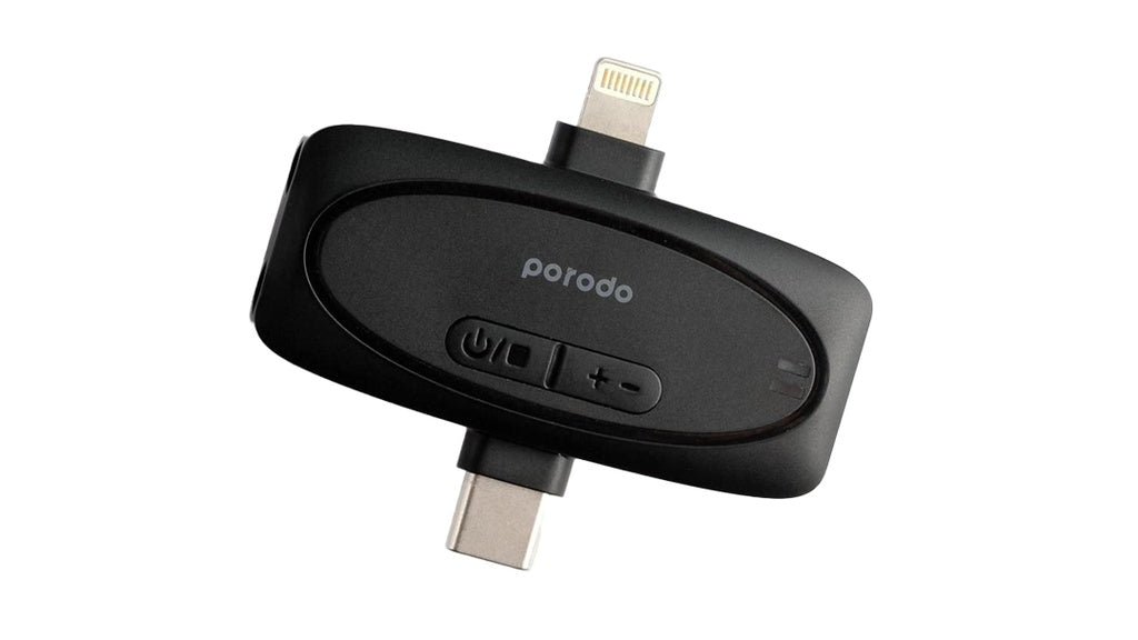 Porodo Wireless Lavalier Microphone & Charging Case Lightning/Type-C/3.5mm AUX In/Out [O] - ميكروفون - تصوير - عدد 2 ميكروفون - فتحة شحن أيفون + فتحة شحن تايب سي - بورودو - كفالة 24 شهر