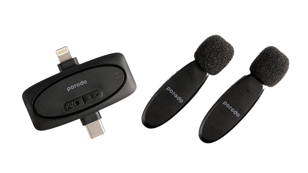 Porodo Wireless Lavalier Microphone & Charging Case Lightning/Type-C/3.5mm AUX In/Out [O] - ميكروفون - تصوير - عدد 2 ميكروفون - فتحة شحن أيفون + فتحة شحن تايب سي - بورودو - كفالة 24 شهر