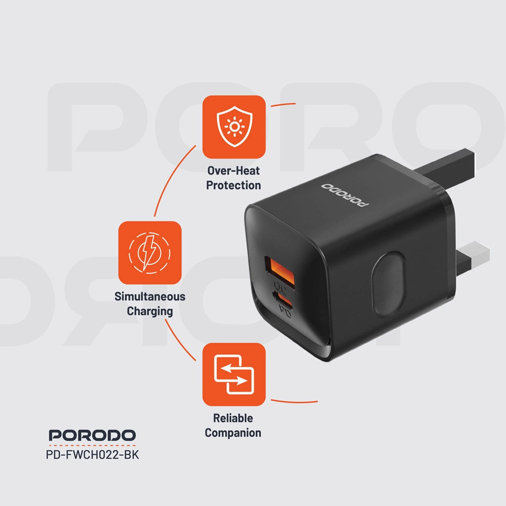 Porodo Dual port Wall Charger UK - Black
